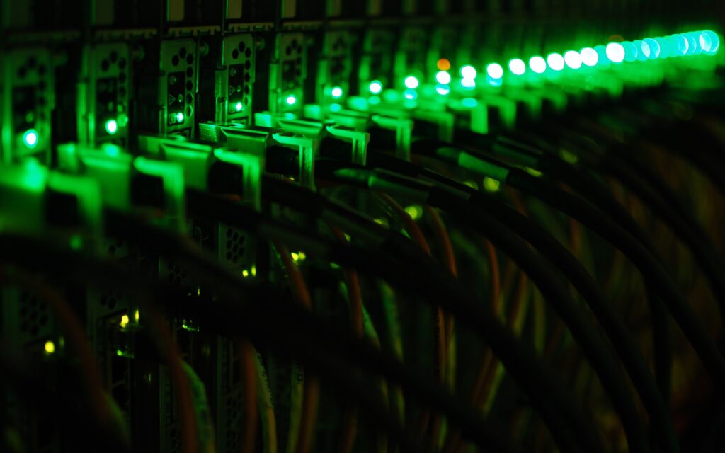 Network cables connected to servers in a data center