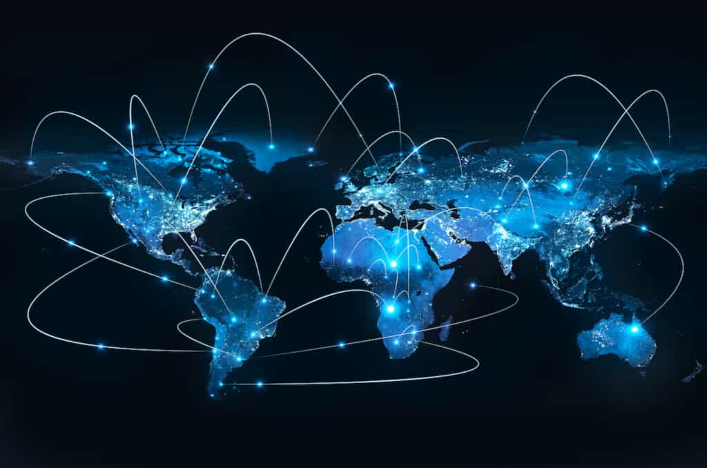 A world map showing connected global network routes